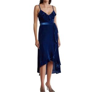 BCBGeneration Blue Velvet Wrap Dress Sz L Ruffle Trim Whimsigoth Baddie Romantic